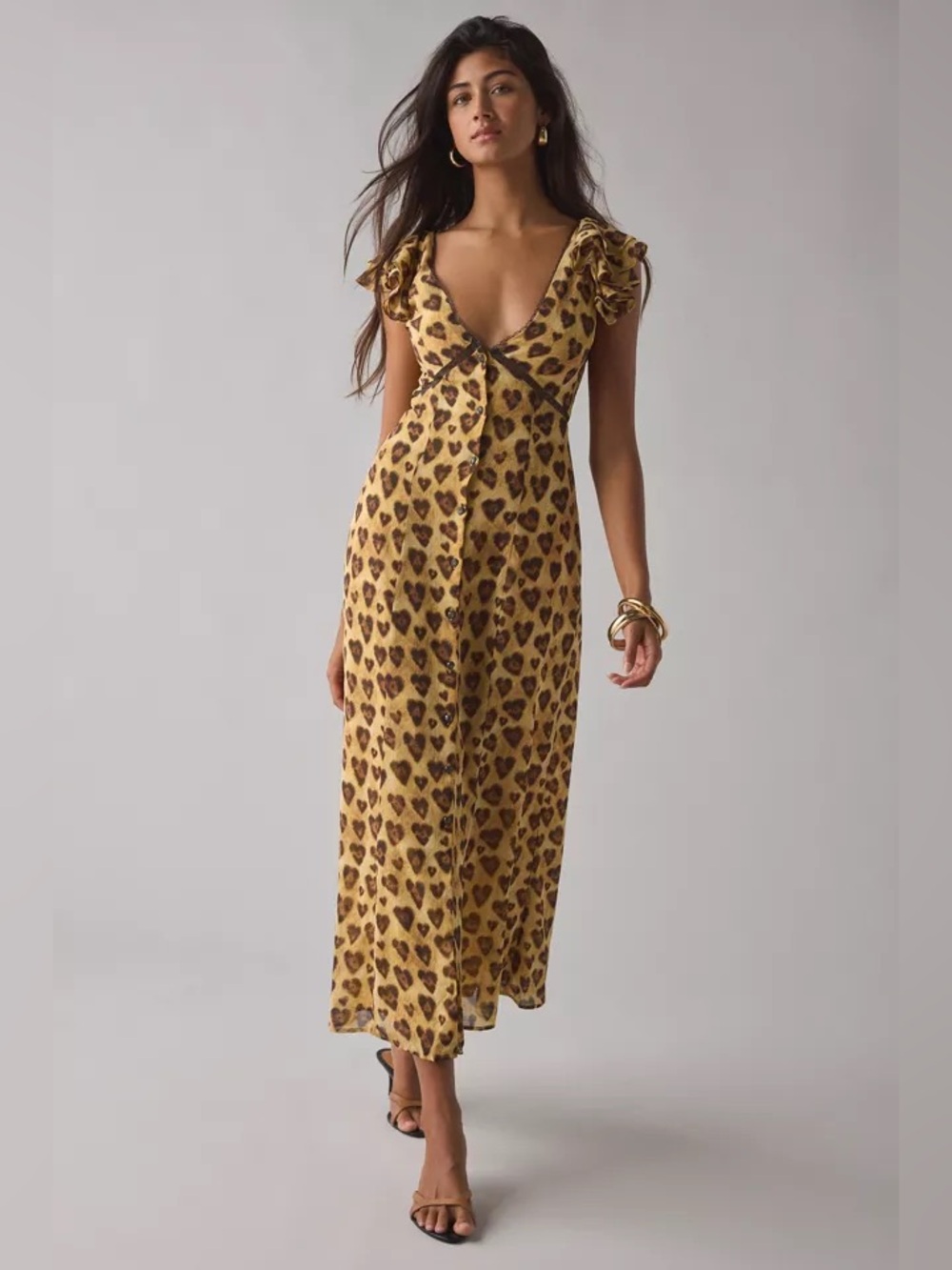 Urban Outfitters Leopard Print V-Neck Ruffle Midi Dress